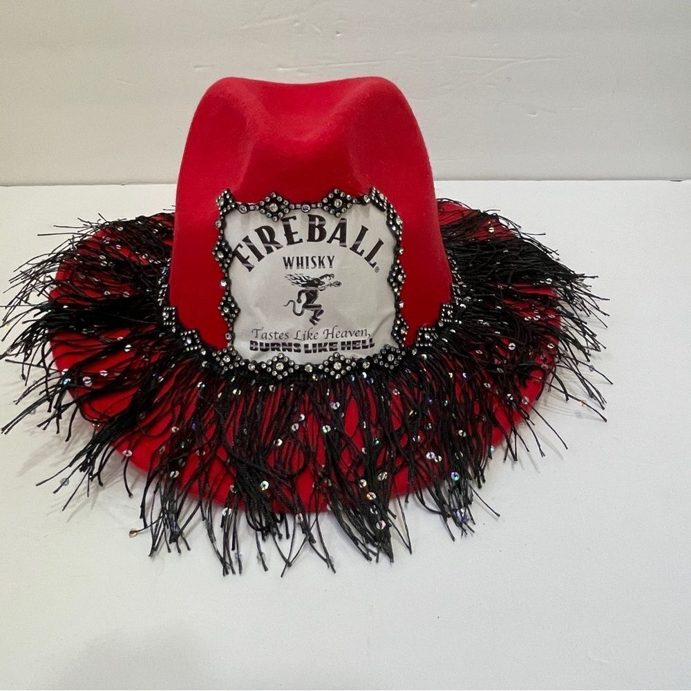 NEW WITHOUT TAGS FIREBALL WHISKY FRINGE AND‎ EMBELLISHED COWGIRL HAT IN RED